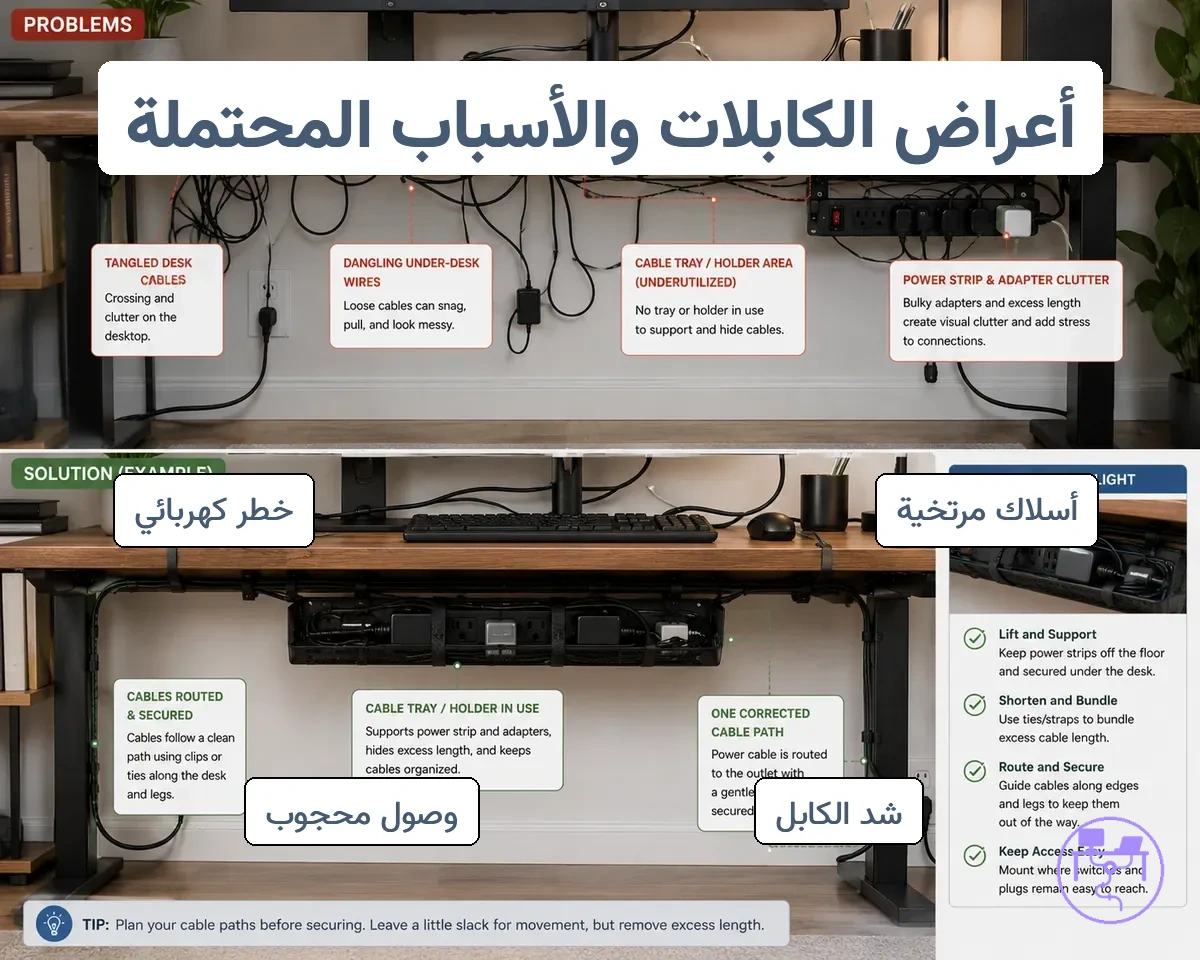 أعراض مرئية لسوء إدارة كابلات المكتب مع كابلات متشابكة وأسلاك متدلية أسفل المكتب
