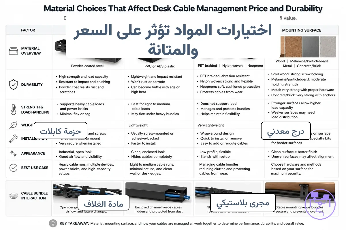 اختيارات المواد لإدارة كابلات المكتب تظهر صينية معدنية وقناة بلاستيكية وأكمام كابلات مع الاختلافات بينها