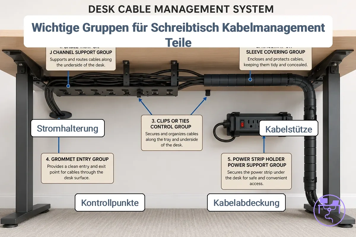 Diagramm der Hauptteilegruppen eines Kabelmanagement-Systems für den Schreibtisch, einschließlich Kabelwanne, Kabelkanal, Schutzhülle, Clips, Kabeldurchführung und Steckdosenleistenhalterung
