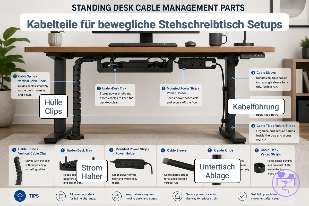 Komponenten des Kabelmanagements für höhenverstellbare Schreibtische, darunter Kabelspirale, Ablage, Manschette und Clips