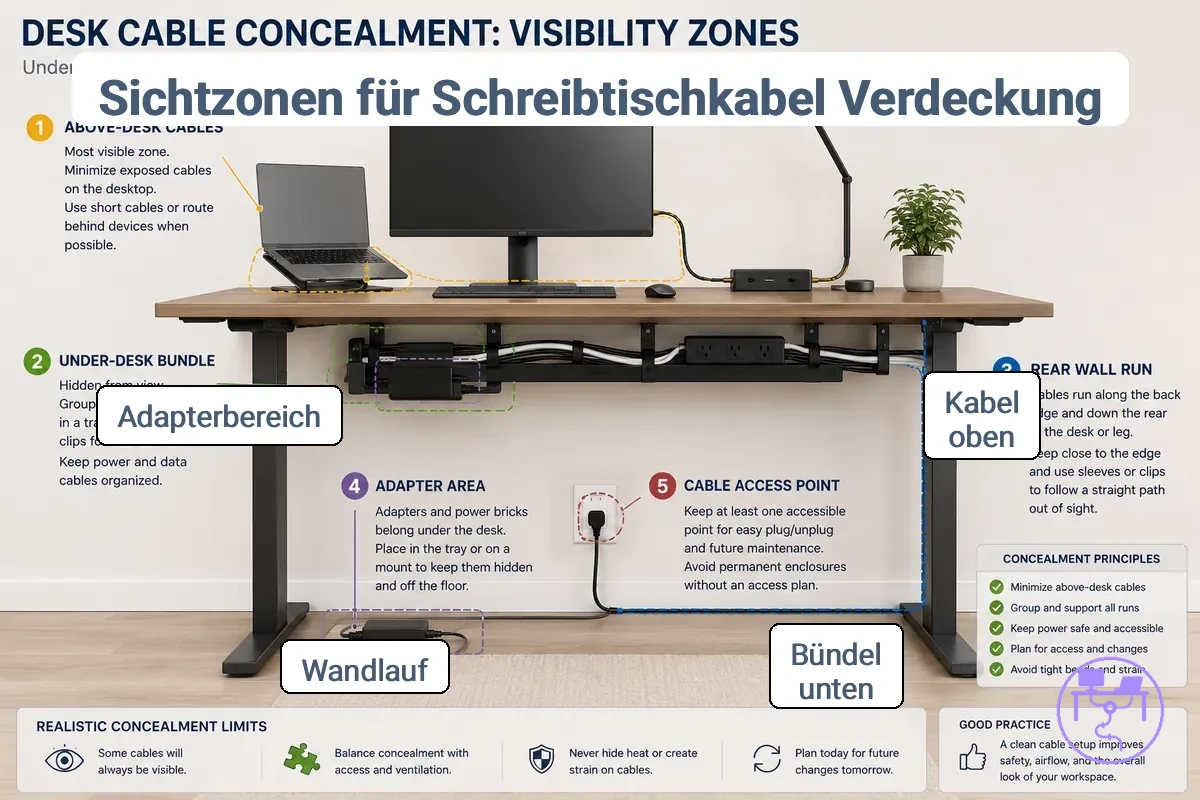 Markierte Sichtbarkeitszonen für die Kabelverdeckung am Schreibtisch