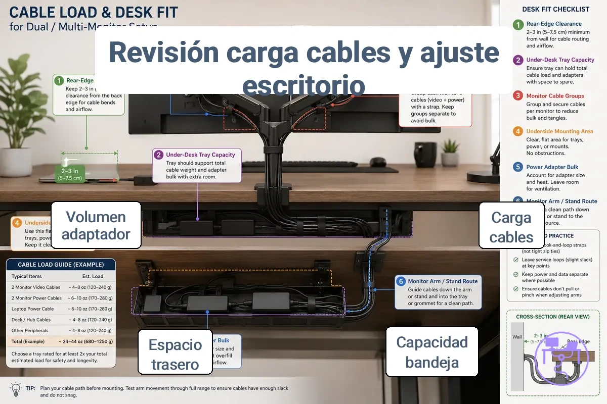 Verificación de carga de cables y ajuste al escritorio para dos monitores que muestra la capacidad de la bandeja bajo el escritorio, el espacio libre en el borde trasero y los cables de monitor agrupados