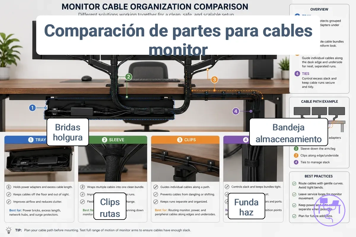 Bandejas, fundas, clips y bridas utilizados para la gestión de cables de monitor con cables agrupados, control de haces visibles y recorridos de cable separados