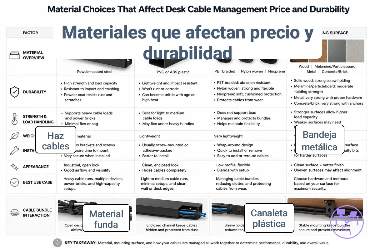 Elecciones de material para la gestión de cables de escritorio que muestran bandeja metálica, canaleta de plástico y diferencias de funda para cables