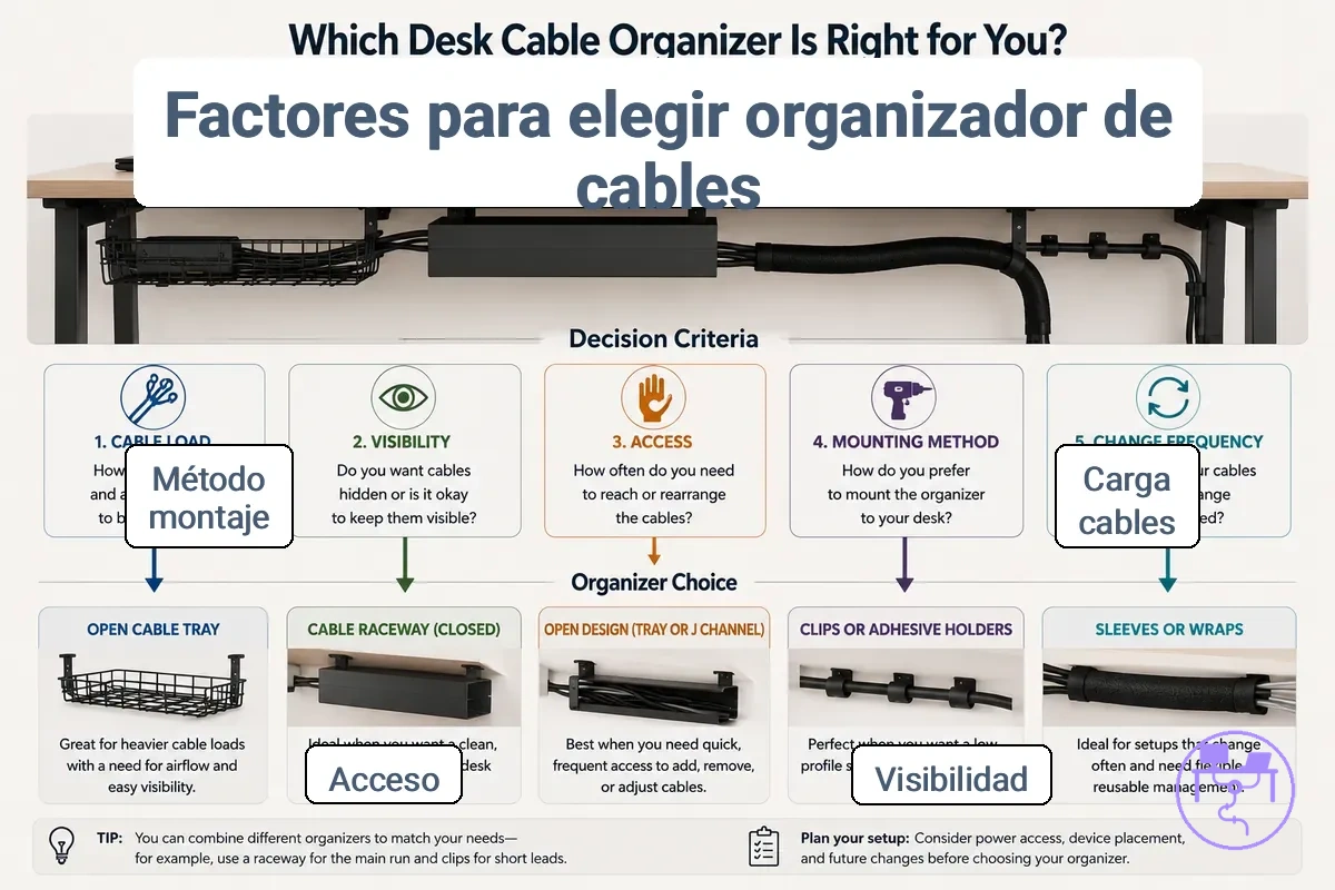 Factores de comparación que cambian la mejor elección del organizador de cables para escritorio, mostrado con detalles etiquetados