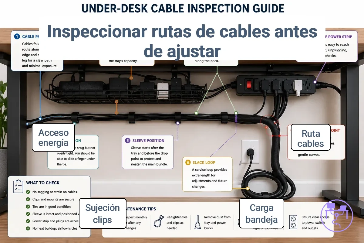 ruta de cables debajo del escritorio anotada que muestra carga de la bandeja, pinzas para cables, holgura, curvatura, puntos de presión y acceso a la regleta
