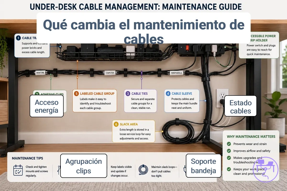 configuración de mantenimiento de gestión de cables para escritorio anotada que muestra bandeja, pinzas, bridas, etiquetas, funda, holgura y soporte de regleta