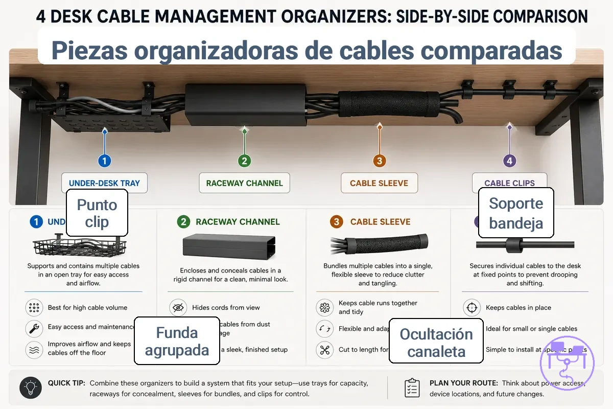 Qué hacen las bandejas, canaletas, fundas y clips por los cables del escritorio, mostrado con roles etiquetados