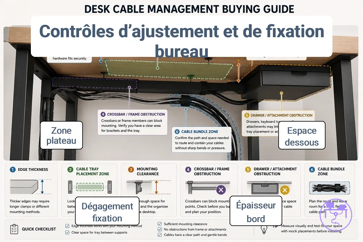 Diagramme d adaptation du bureau et des conditions de montage montrant le dégagement sous le bureau, l épaisseur du bord et l emplacement du plateau pour câbles.