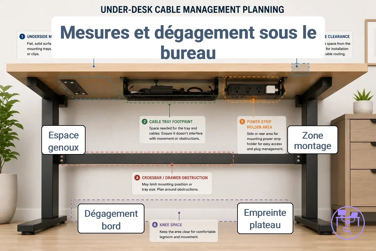 Mesures du dessous du bureau et vérifications du dégagement montrant la zone de montage, l’empreinte du plateau, le dégagement de bord et les obstructions