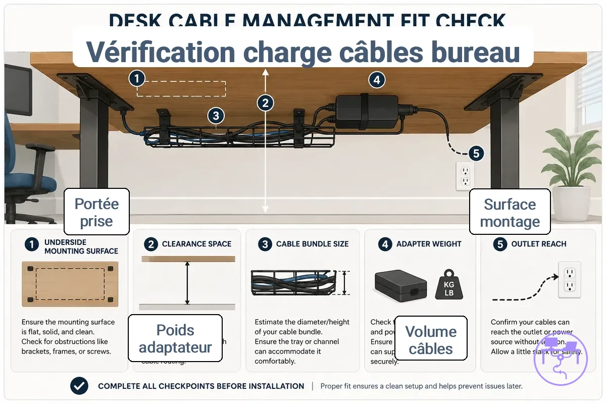 Vérifications d’ajustement de l’installation au bureau et à la charge de câbles