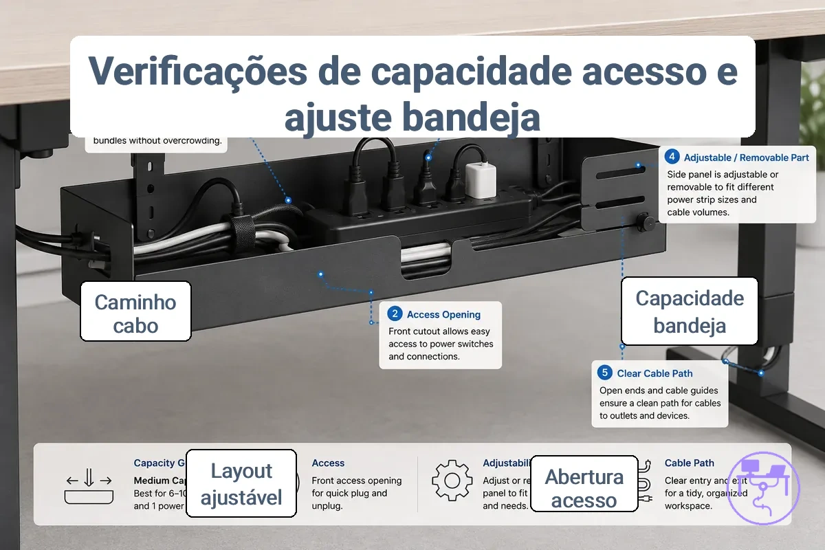 Bandeja sob a mesa mostrando capacidade de cabos, abertura de acesso e espaço ajustável para gerenciamento de cabos.