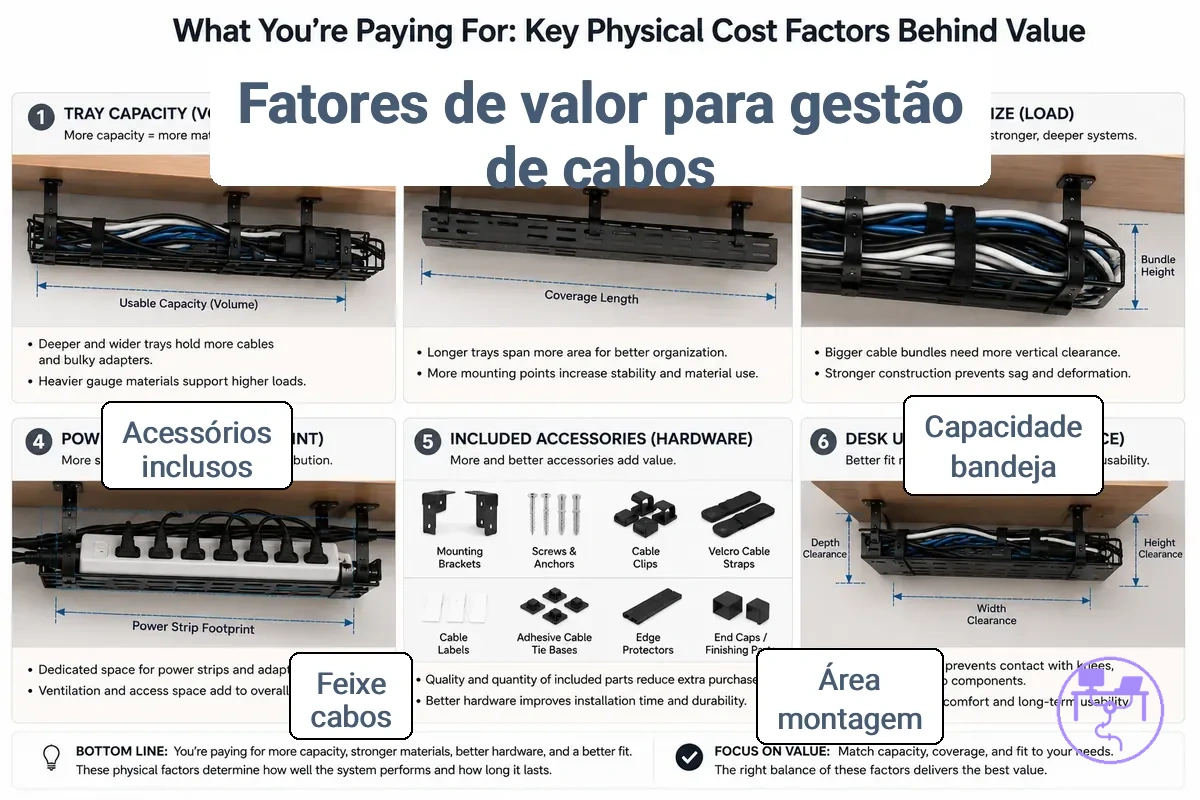 Fatores de custo de sistema de gerenciamento de cabos para mesa identificados por carga de cabos, método de montagem, capacidade da bandeja e cobertura de acessórios