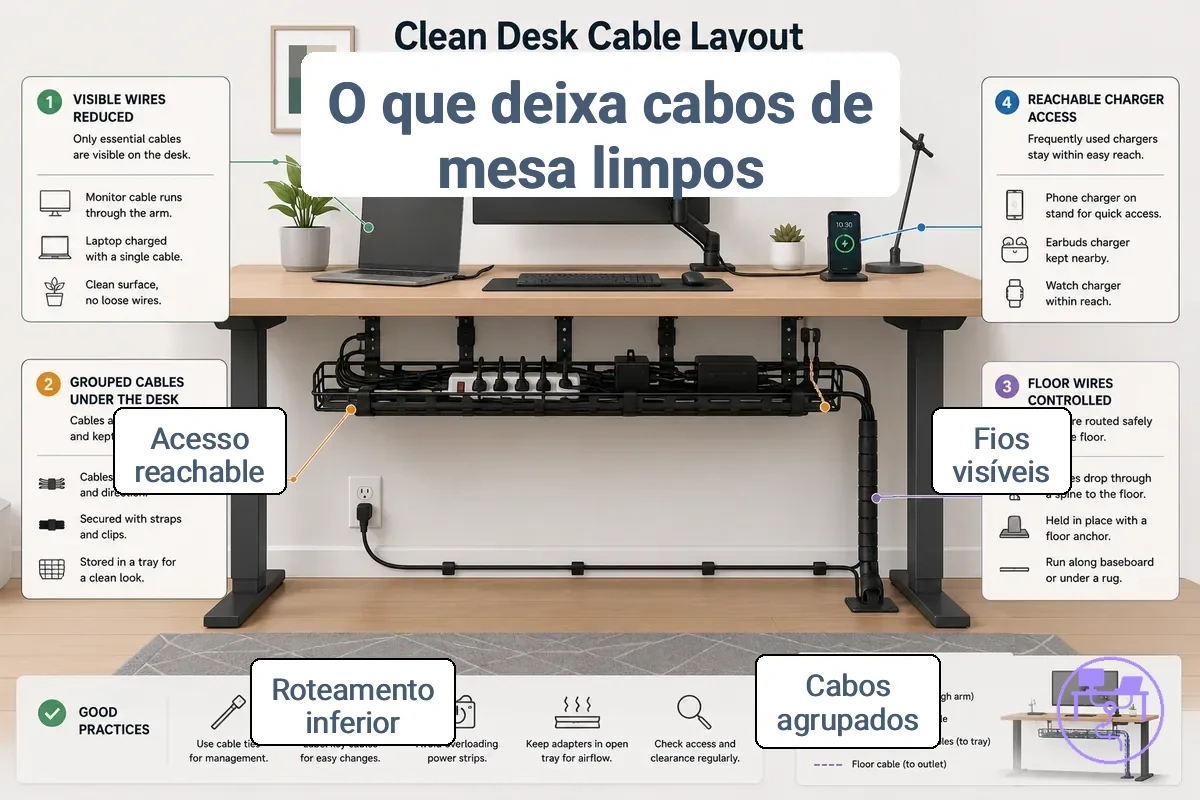 Layout de cabos de mesa com roteamento organizado e conexões acessíveis