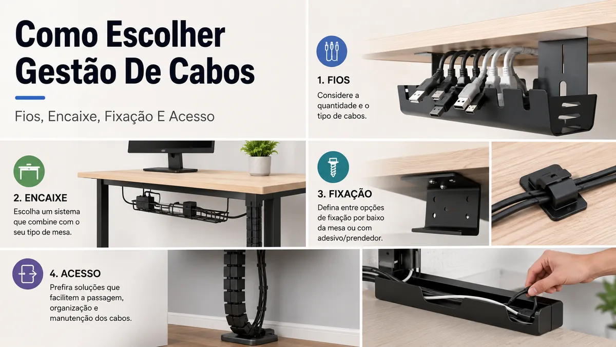Escolha de um sistema de gerenciamento de cabos para mesa por quantidade de fios, compatibilidade com a mesa, tipo de fixação e acesso aos cabos