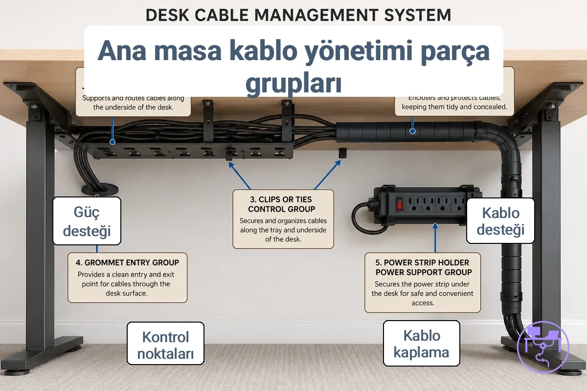 Masa kablo yönetim sistemi ana parça gruplarını gösteren diyagram: tepsi, kanal, kılıf, klipsler, geçiş grometi ve güç kablosu tutucu